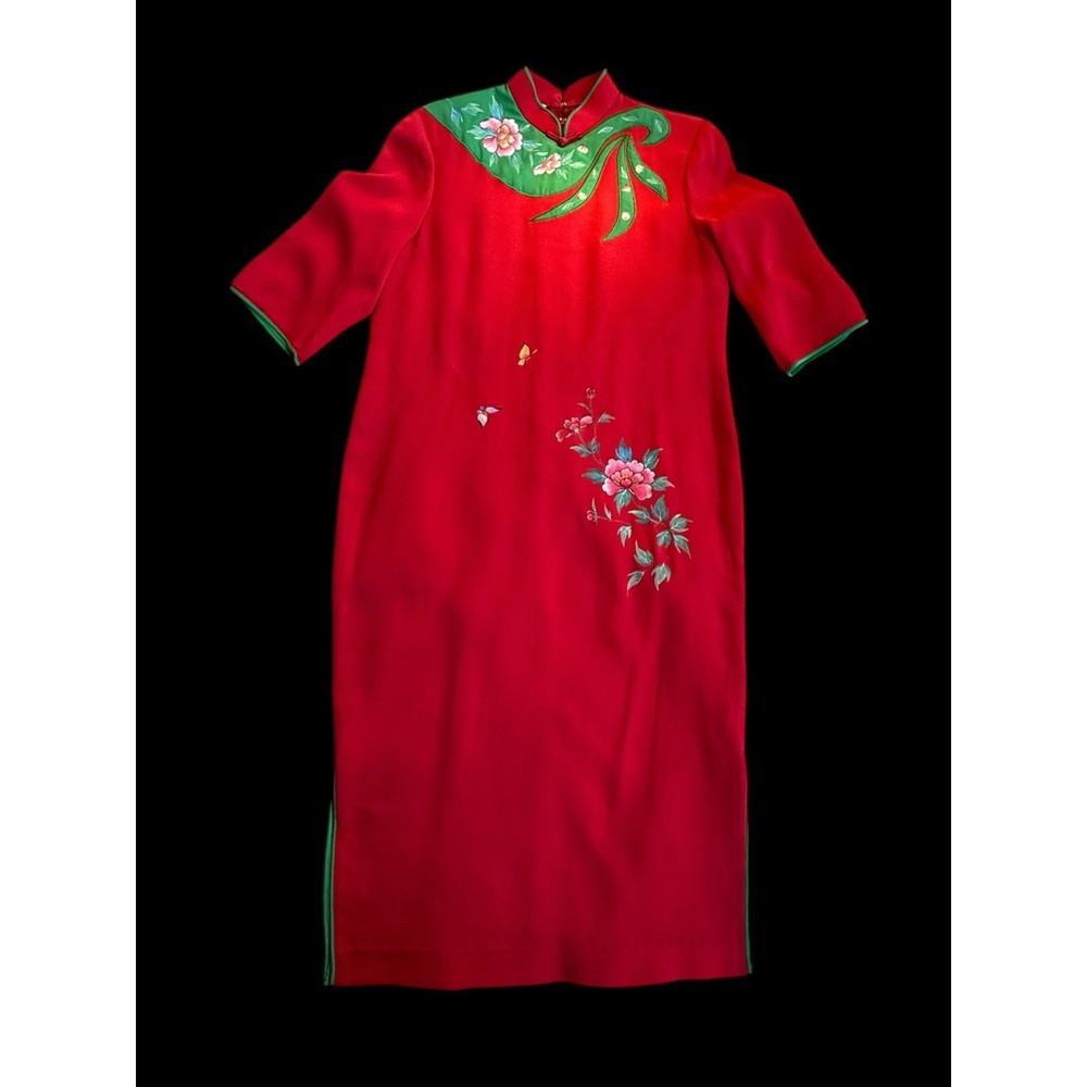 VTG Asian dress Midi Dress Red - Hand Painted   - Silky Lining -elbow Sleeve 6/8
